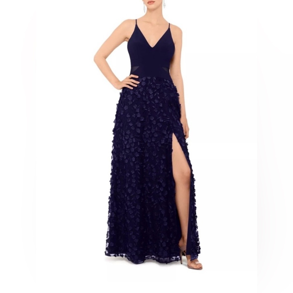 Xscape Navy Maxi Dress with Floral Details $268 Retail